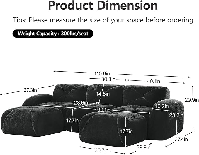 110.6'' Modular U Shaped Sectional Couches for Living Room Modern Velvet Cozy Boneless Sofa with 2 Ottoman No Assembly Required Comfy Couch Black Cloud Boneless Couch in a Box Sofas para Sala