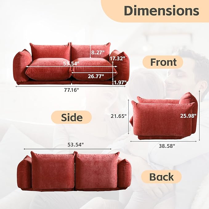 WJShome Modular Sectional Couch Lovesofa Convertible Sofa 77.16in Minimalist Modern Chenille Yarn 2 Seater Living Room Sofa Set for Office &amp House Red