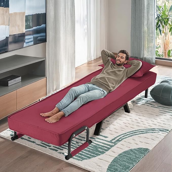 Convertible Sofa Bed Sleeper ChairSingle Person Chaise Lounge Couch with PillowUpholstered Lazy Bed with 6 Angles Adjustable BackrestFolding Sofa Arm Chair for Apartment/Office/Home (Red)