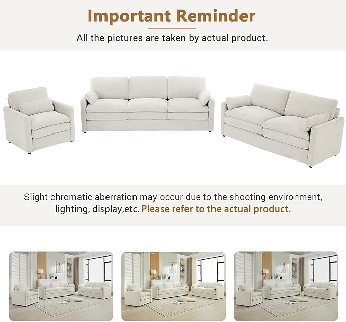 3-Piece Cozy Upholstered Sofa Set Upholstered Sofa Set with 2 Single Sofa Oversized Comfy Cloud Sofa for Living Room Office Apartment (Beige-6c)