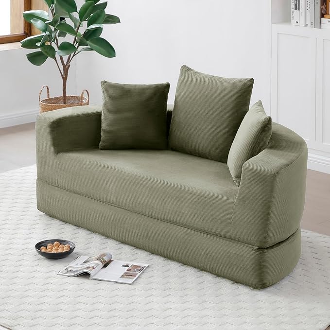 Folding Sofa Bed Corduroy Circular Boneless Couch No Assembly Convertible Sleeper Sofa with 3 Pillow Comfy Futon Sofa Bed for Apartment Office Bedroom Living Room Green