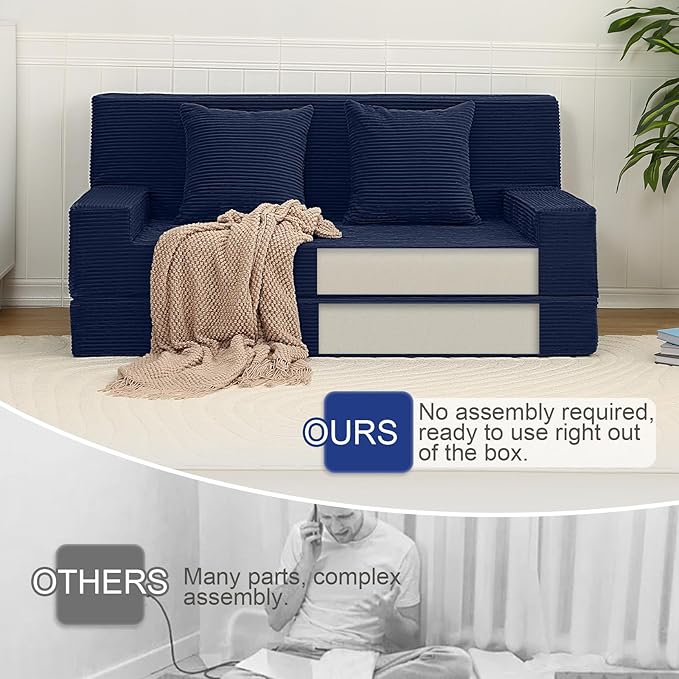 MeMoreCool Corduroy Boneless Sofa Bed Queen – Folding Futon Couch with High-Density Foam Convertible Floor Sleeper &amp Pillow Machine-Washable Cover for Guest Room Bedroom Small Apartment