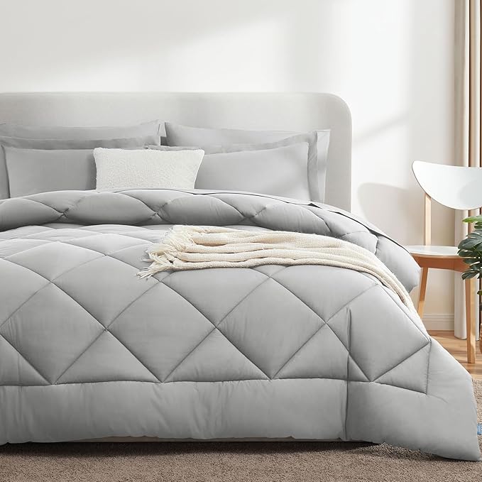 CozyLux Oversized King Comforter Set Light Grey 7 Pieces Bed in a Bag Comforter Set with Sheets All Season Bedding Set with Down Alternative Comforter Sheets Pillowcases &amp Shams