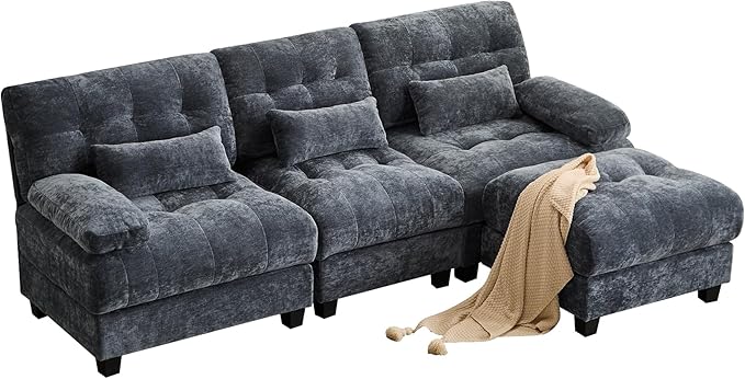 93 3+1 Seater Sofa with Ottoman - 4-Position Adjustable Backrest 350lb/Seat Soft Chenille Fabric 3 Throw Pillows Easy Assembly (Blue)