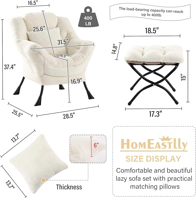 Lazy Chair with Ottoman Large Lvory Accent Chair with Ottoman and FA Throw Pillow Comfy Plush Reading Chair for Living Room Bedroom Dorm Room Office Apartment Relaxing Use