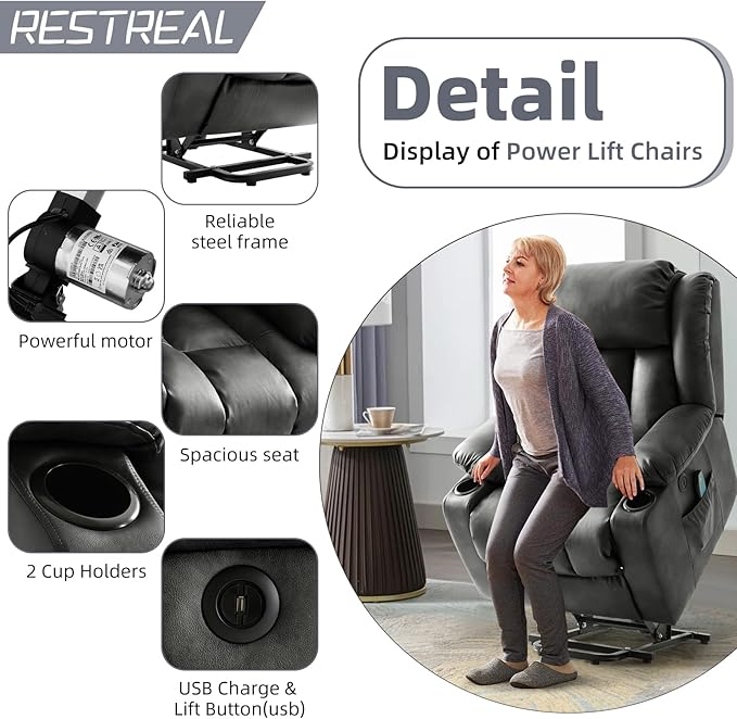 Power Lift Recliner Chair for Elderly Electric Recliner Chairs for Adults with Massage and Heat Cup Holders Remote Control USB Ports Side Pockets Leather (Aluminum Gray)