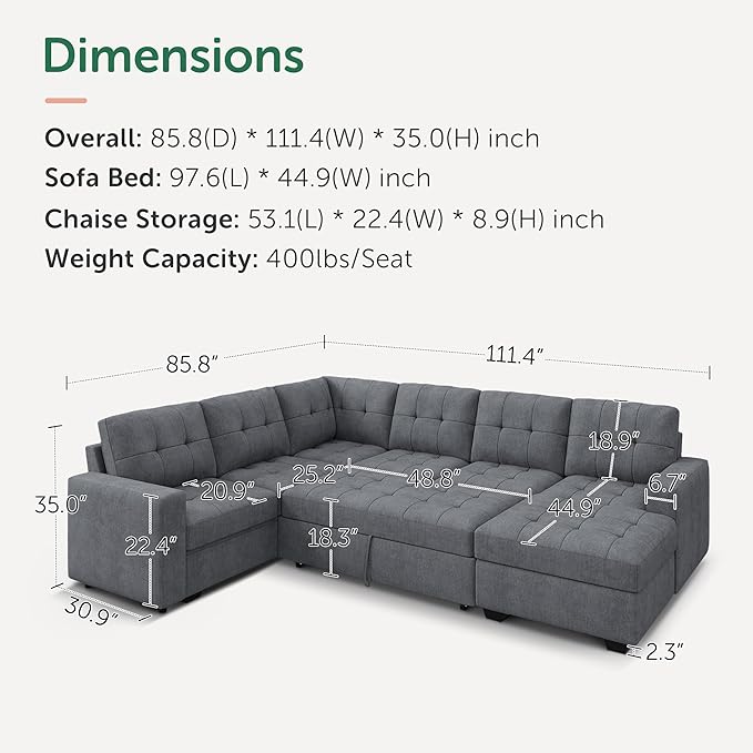 HONBAY Sectional Sleeper Sofa Sleeper Sofa Couch with Storage Chaise Sectional Couch with Pullout Bed for Living Room Bluish Grey