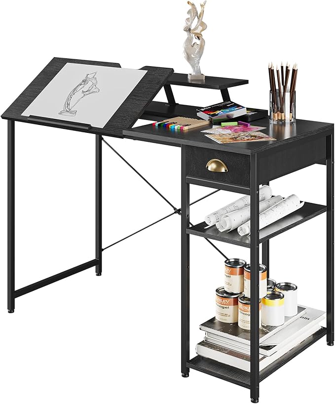 X-cosrack Drafting Table with Storage Shelves &amp Drawer 43 Adjustable Art Desk with Monitor Stand for Home Office Computer Tiltable Draft Drawing Table for Artist Study Writing Workstation Bl
