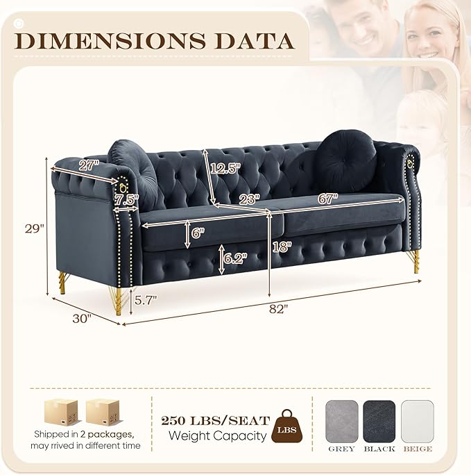 Mid Century Modern Chesterfield Couch Velvet Sofa with Button Tufted &amp Rivet Upholstered Comfy Sofa with Armrest Ring &amp Gold Leg Cozy Cloud 3-Seater Couch for Living Room(82 W Black)