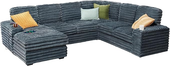 PaPaJet U Shaped Couch 112 Inch Oversized Couch with Storage Sectional Sofa with Cup Holders &amp 2 USB Ports Faux Fur Dark Grey Sofa