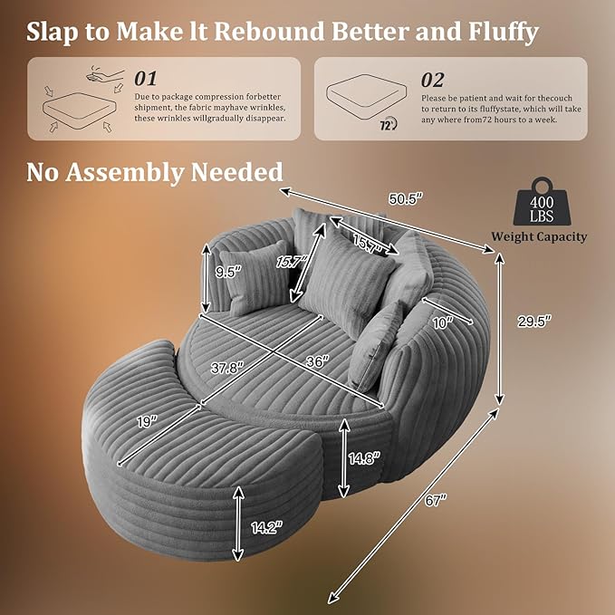 50 Oversized Chaise Lounge Indoor Round Reading Chair Lounge Chair with Ottoman Boneless Sofa Bed Large Fluffy Plush Corduroy Chaise Chair for Living Room Playroom Bedroom Grey