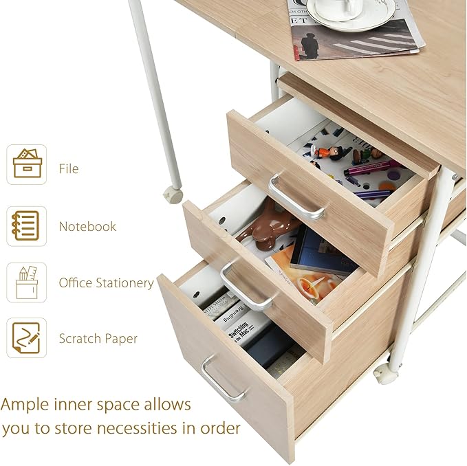 Tangkula Folding Computer Desk with 3 Storage Drawers Mobile Home Office Desk Study Writing Desk with Smooth Wheels Space Saving Compact Desk for Dorm Apartment Rolling Folding Desk Table