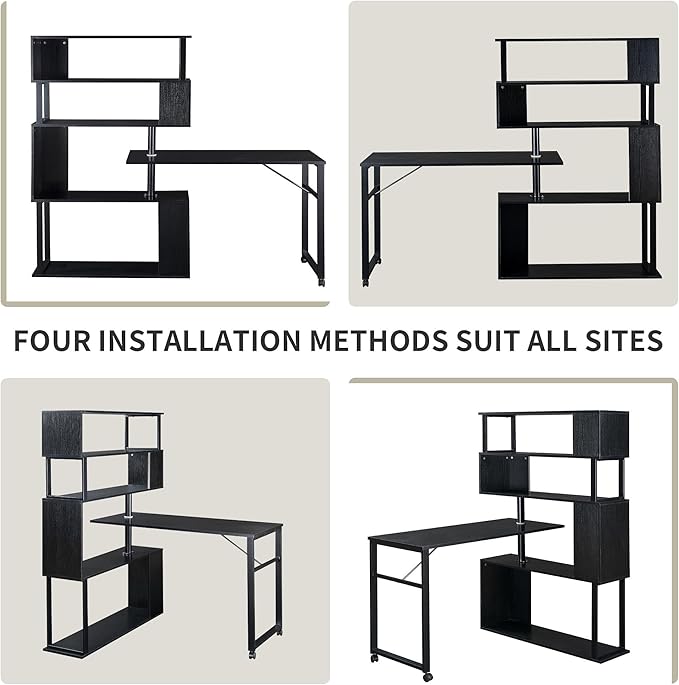 Vinsetto L-Shaped Home Office Computer Desk with Rotating Corner Table 5-Tier Bookshelf Lockable Casters Four Installation Methods 47.2 x 39.9 x 60.2 Black