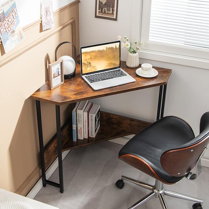 Corner Desk Triangle Computer Desk with USB Ports &amp Power Outlets Small Desk for Small Spaces Compact Makeup Vanity Desk with Storage Shelf Triangle Workstation for Home Office Bedroom