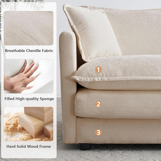 Aoowow Modular Sectional Sofa Modern Convertible L Shaped Couch147.2 Inch Deep 4-Seater Sofas Set Comfy Chenille Cloud Sofas and Couches with Movable Ottoman for Living Room Apartment（Light Coffee）