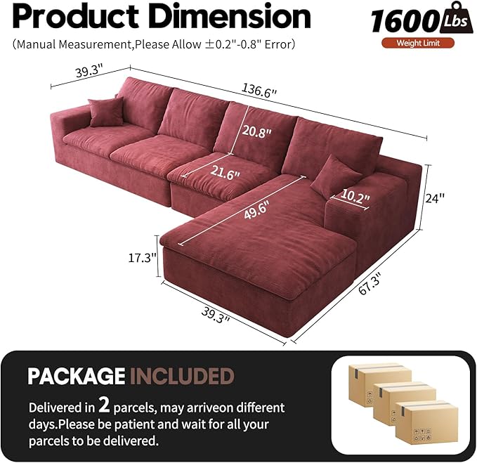 136.6'' L-Shaped Modern Modular Sectional Cloud Couch 4-Seat Chenille Deep-Seat Sofa with Pillow for Living Room Bedroom Apartment Wine Red