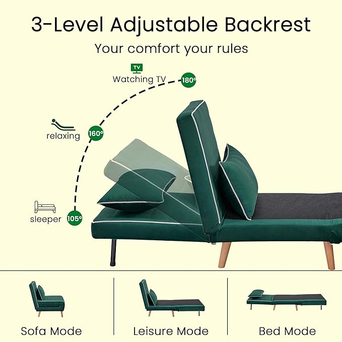 3-in-1 Convertible Sleeper Chair Futon Sofa Bed with Pillow &amp Adjustable Backrest Recliner Sleeper Sofa for Small Spaces Living Room Bedroom or Office Green