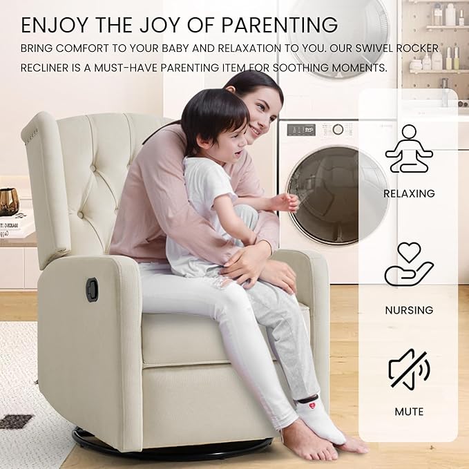 360 Swivel Rocker Recliner Chair for Adults Nursery Chair for Small Spaces Living Room Upholstered Fabric Glider Recliner Lvory