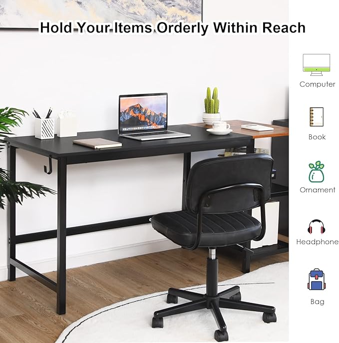 COSTWAY 59” Computer Desk with 2 Removable Storage Shelves Industrial Writing Workstation with Headphone Hook for Home Office Gaming Desk (Black)