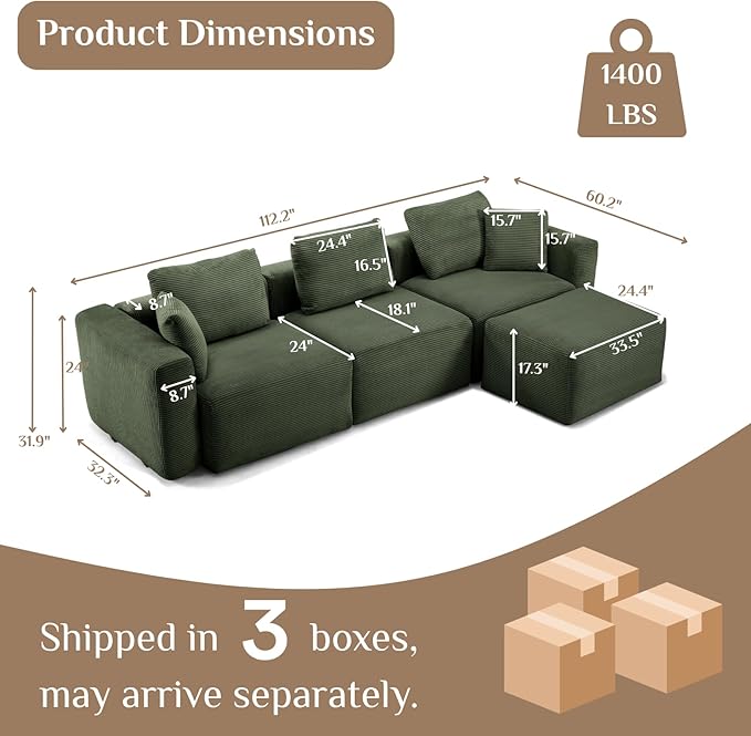 Karl home 112 Sectional Couch with Movable Ottoman Modern Corduroy Cloud Sofa Set with Deep Seat Convertible L-Shape Boneless Couch for Living Room Apartment Studio Green
