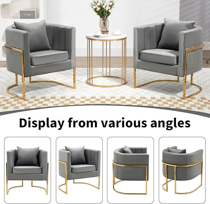 Velvet Modern Living Room Accent Chairs Set of 2 Upholstered Mid-Century Barrel Chairs for Bedroom Side Club Reception Chairs with Gold Metal Legs Gray