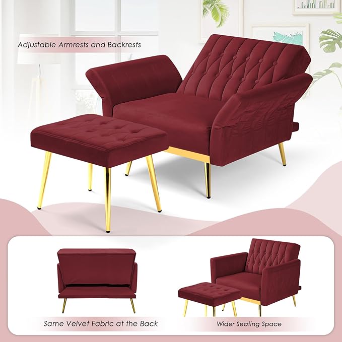 Velvet Accent Chair with Adjustable Backrest and Armrests Single Recliner Armchair with Ottoman and Golden Mental Legs for Living Room Bedroom and Waiting Room Red