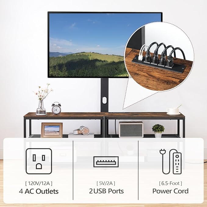 59 TV Stand with Mount and 4 Power Outlets Entertainment Center Media Console Swivel TV Stand Mount up to 75 inch TVs Height Adjustable Metal Frame for Living Room Bedroom TVHR35E01V