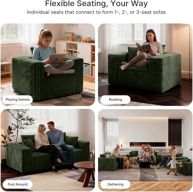 2-Seater Deep-Seat Corduroy Lounge Sleeper Sofa No Assembly Frameless Foam Cloud Couch Comfy Plush Double Seater for Living Room Bedroom Apartment Dorm Office（Green）