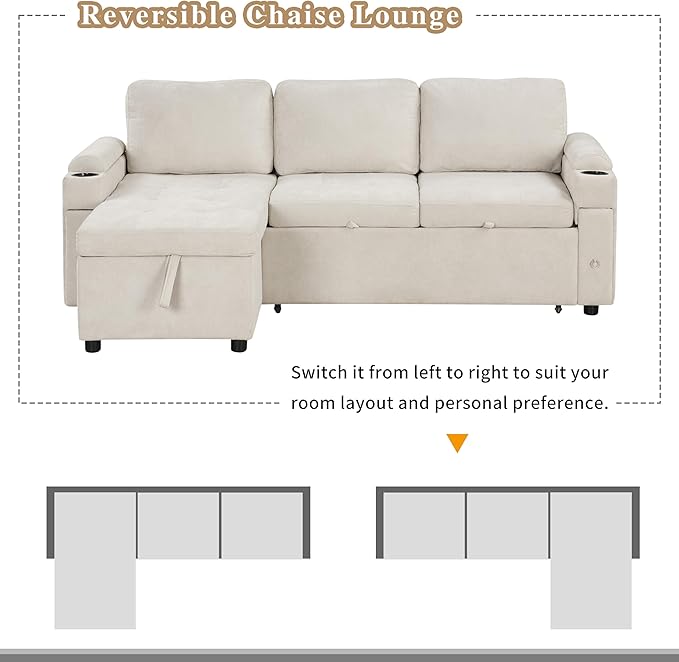Merax Modern 83.5 L-Shaped Sectional Sofa with Pull-Out Sleeper Bed USB Ports &amp Cup Holders Chenille 3-Seat Couch with Storage Chaise Lounge Side Pocket &amp Drawers for Living Room Beige
