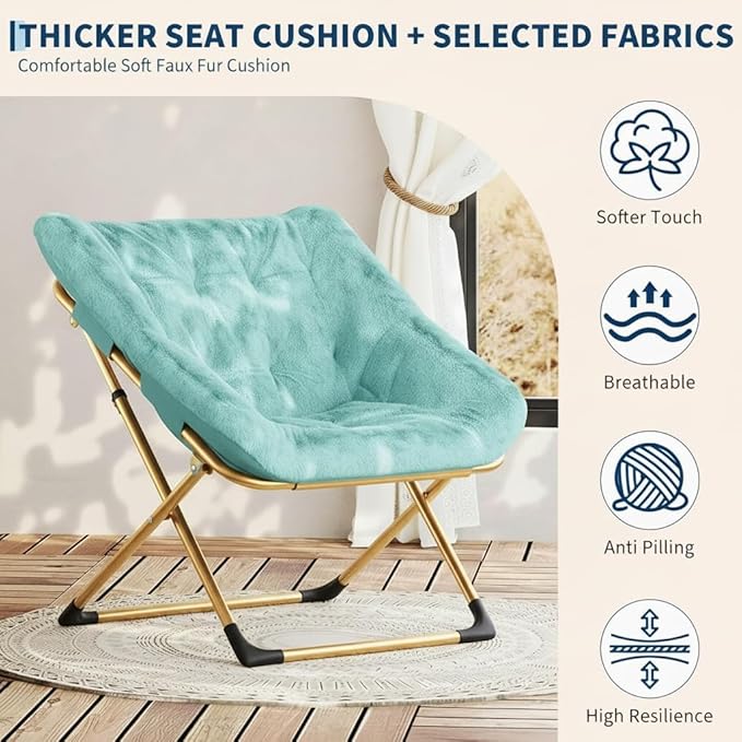 Collapsible Soft Faux Rabbit Fur Saucer Lounge Chair Comfy Lounge Lazy Chair Metal Frame Reading Chairs for Office Living Room Bedroom Small Spaces No Assembly Green