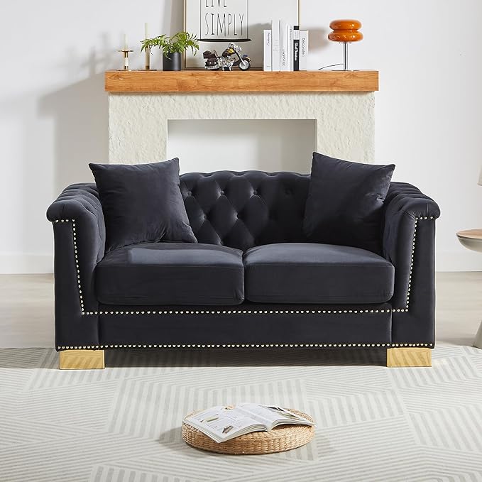 62 inch Chesterfield Loveseat Sofa 2 Seater Mid Century Modern Sofa Couch with Gold Rivet Decoration Cloud Comfy Velvet Upholstered Button-Tufted Couch for Living Room Office Black