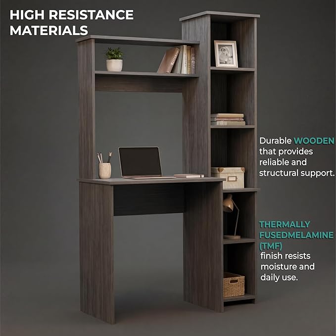 Tuhome Versalles Writing Desk with Two Superior Shelves Five Side Open Storage Compartments Space-Saving Modern Workstation Design for Studios and Offices Ideal for Organization Books