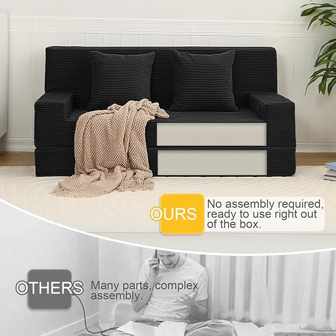 MeMoreCool Boneless Folding Sofa Bed Queen – Corduroy Convertible Futon Couch 2-in-1 Floor Sleeper with Foam Support Detachable Pillow &amp Washable Cover for Living Room Guest Room Apartment