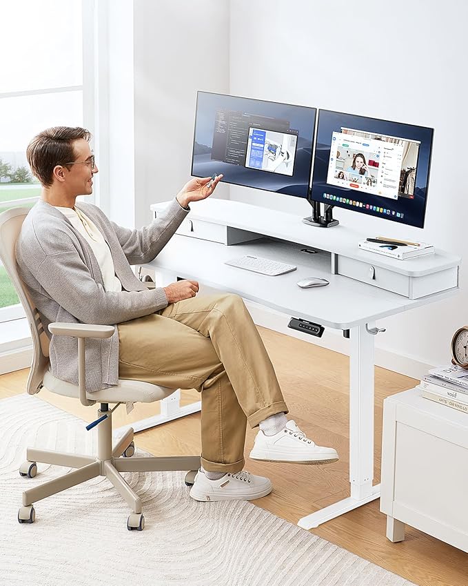 HUANUO 60″ x 30″ Electric Standing Desk with 2 Drawers C-Clamp Mount Compatible Height Adjustable Computer Desk Home Office Stand Up Desk with 4 Preset Heights &amp 2 Hooks White
