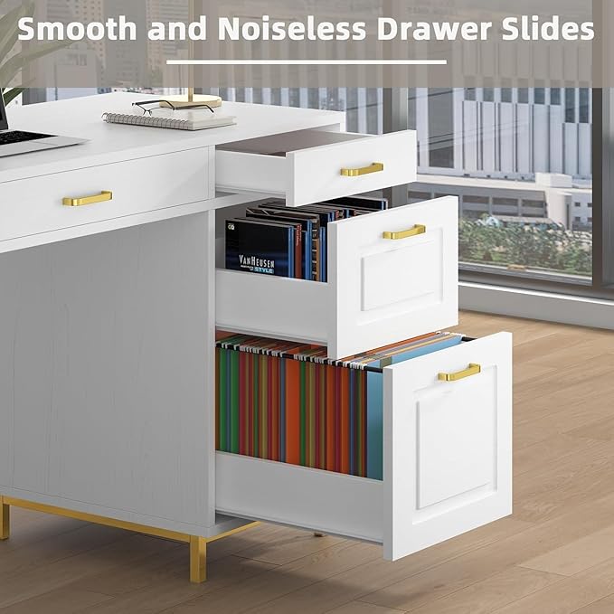 White and Gold Desk with 2 File Drawers 57 Inch Office Computer Desk with 7 Drawers White Desk with Storage Wooden Executive Desk for Office Workspace for Work Study Writing