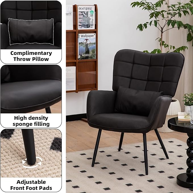 Modern Accent Chair with Soft Padded Bonded Leather High Back Armchair with Metal Legs for Living Room Home Office Bedroom