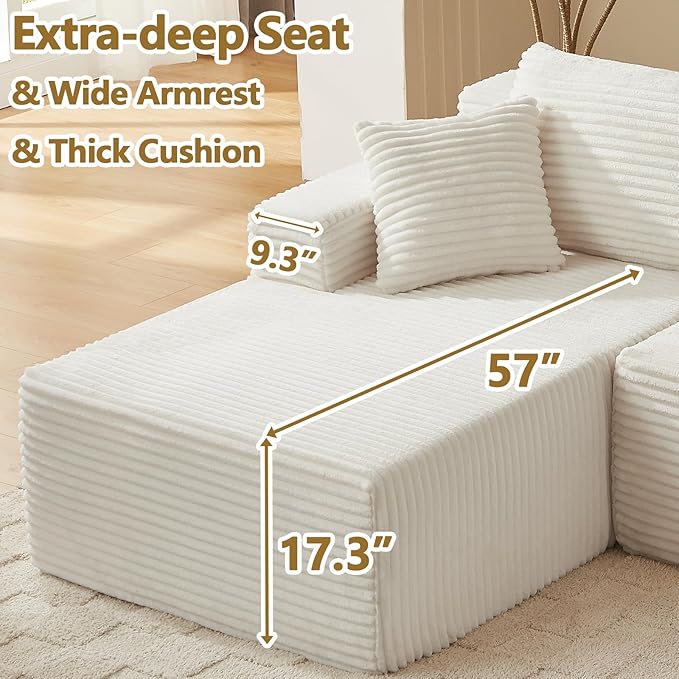 Minimalist Boneless Cloud Couches for Living Room Corduroy L Shaped Modular Sectional Sofa Couch W/Deep Seat &amp High-Back Comfy Memory Foam Couch Sofa in A Box (White Left Facing Chaise)