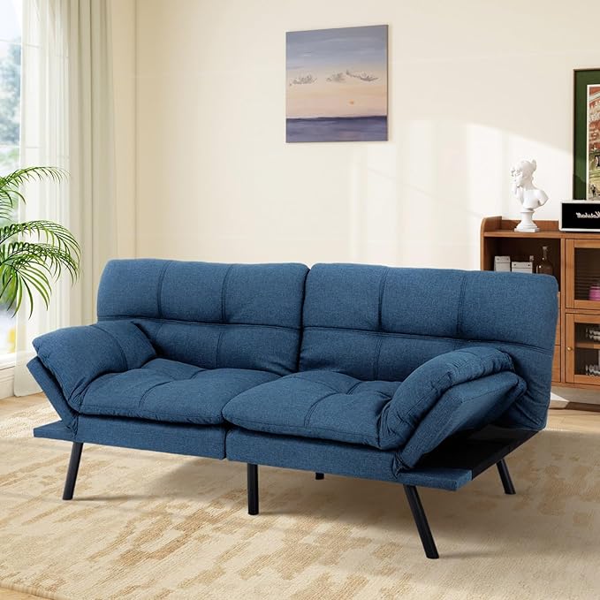 MUUEGM Futon Sofa Bed Memory Foam Navy Blue Futons Modern Office Couch Sleeper Bed Convertible Love seat Sofa for Small SpacesApartmentOffice with Adjustable Armrest Backrest