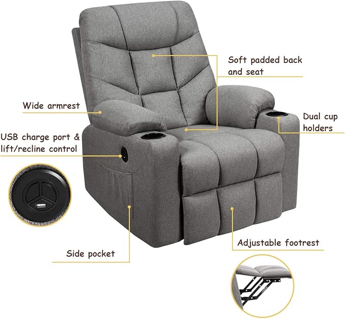Giantex Power Lift Chair Electric Recliner Sofa for Elderly Fabric Reclining Sofa w/ 8 Point Massage &amp Lumbar Heat 2 Side Pockets Cup Holders USB Charge Port Motorized Sofa Chair for Living Roo