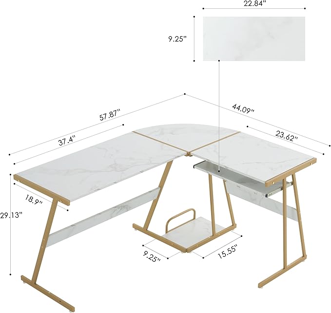 ivinta L Shaped Gaming Desk 58 Modern Corner Computer Desk with Keyboard Tray &amp CPU Stand for Small Spaces Home Office &amp Living Room 7112 (White &amp Gold)