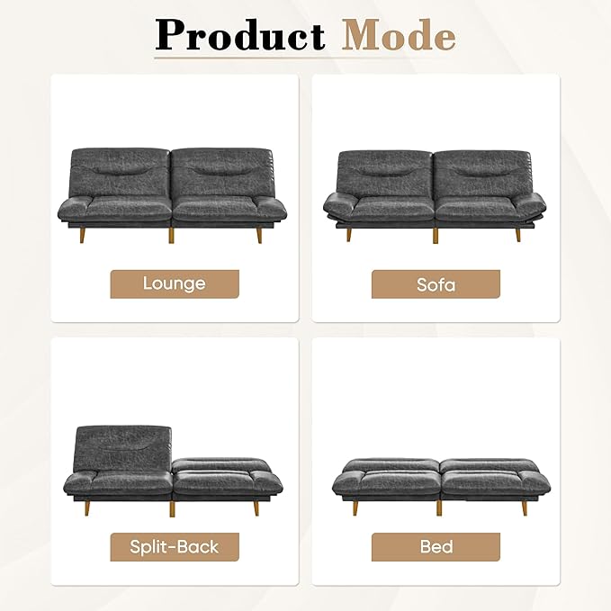 Homall Futon Sofa Bed Modern Loveseat Futon Couch with Adjustable Backrest and Armrests Sleeper Sofa Bed with Wood Frame for Living Room Office Apartment (Leathaire Coal Black)