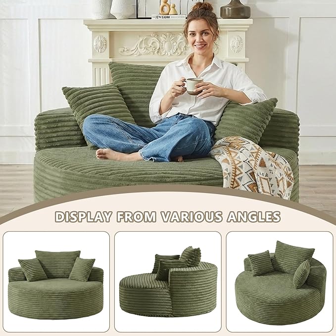 55 L Corduroy Sponge Single Sofa Oversized Round Chair Fluffy Modern Sleeper Chairs for Living Room Lounge and Projection Room Wide Armrest Lounge Chairs Armchair with Pillow Green
