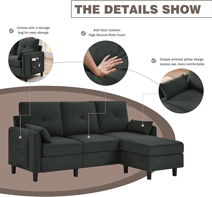 Convertible Sectional Sofa Modern Linen Fabric Sofa Couch with Reversible Chaise 3 Seat L-Shaped Couches for Living RoomOffice Small Apartment Black