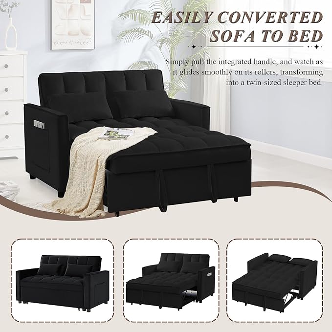 3 in 1 Convertible Sleeper Sofa Bed Futon Couches for Living Room with Side Pocket/Adjustable Backrest Velvet Upholstered Pull Out Couch Small Loveseat Sofa Bed for Bedroom Office Small Spaces