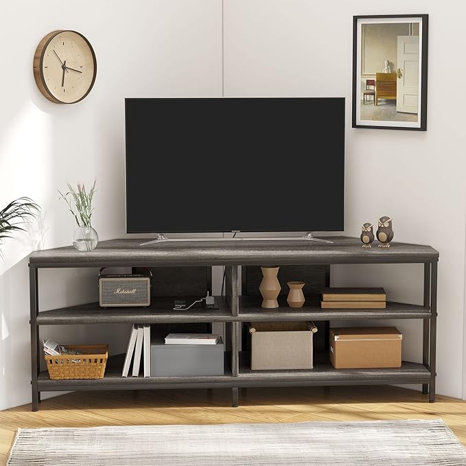 MUTUN Corner TV Stand with Power Outlet Corner TV Stand for 32 43 50 55 60 Inch TV Corner Entertainment Center Industrial TV Console Table for Living Room Bedroom 55 Inch Grey Oak