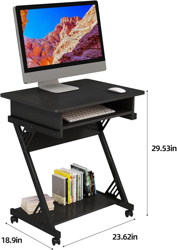 Computer Desk for Small Spaces Mobile Computer Desk with Keyboard Tray Z-Shaped Writing Table with Rolling Wheels &amp Storage Shelf (Black)