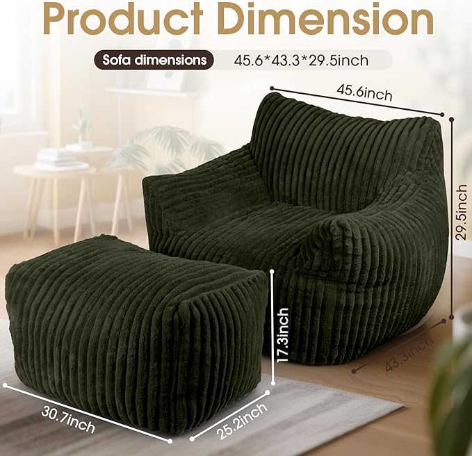Giant Bean Bag Chair with Ottoman Oversized Plush Comfy Bean Bag Sofa for Adults and Kids Memory Foam Mini Couch Single Lounges for Living Room Bedroom &amp Game Room(Green)