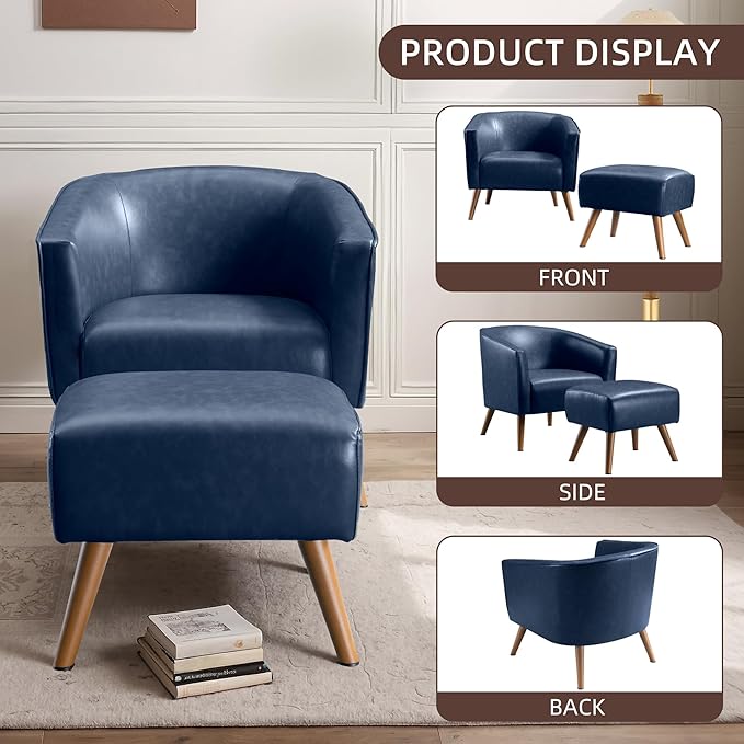 EJUNQ Accent Chair with OttomanModern Barrel Chair and FootrestMid Century Living Room ChairsUpholstered Armchair for Living Room/Bedroom/Reception Room/OfficeDark Blue