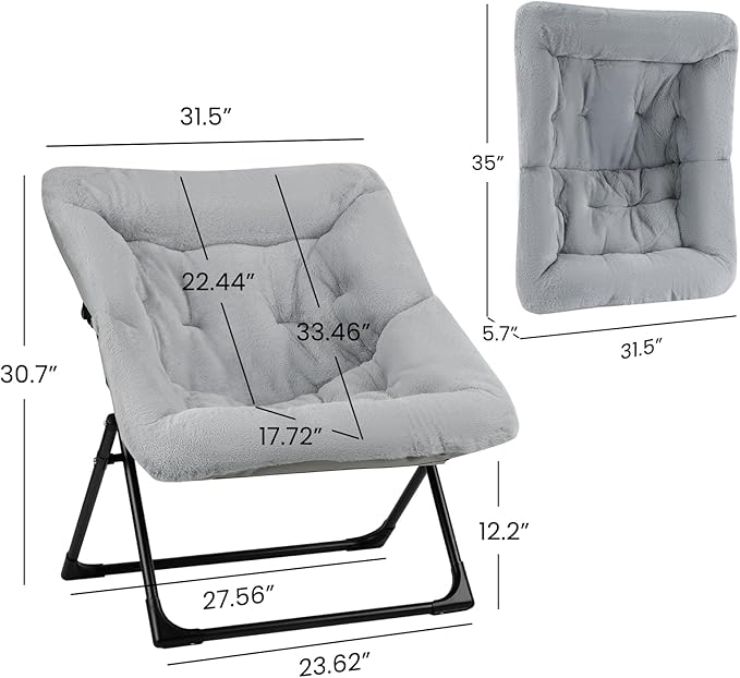 Comfy Saucer Chair for Adults Set of 2 Soft Faux Fur Bedroom Chair Accent Dorm Chairs Flexible Living Room Reading Chairs Oversized Folding Seat for Teens X-Large Grey