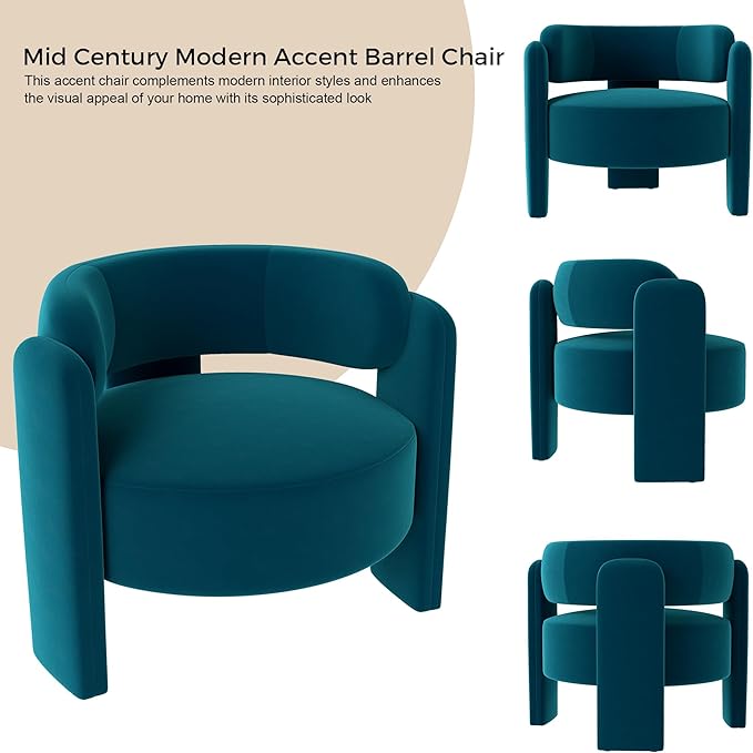 NOBPEINT Mid Century Modern Accent Barrel Chair Round Upholstered Leisure Armchair with Open Back for Living Room Bedroom Apartment Blue